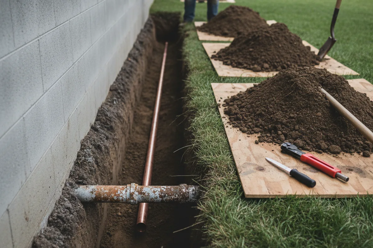 Excavated water line trench during Water Softener Installation in Plainfield